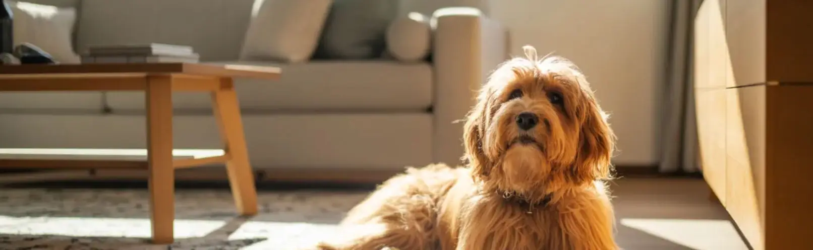 Hund liegt im sonnigen Wohnzimmer.