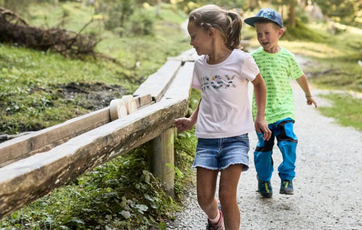 Kinder auf einem Waldweg unterwegs.